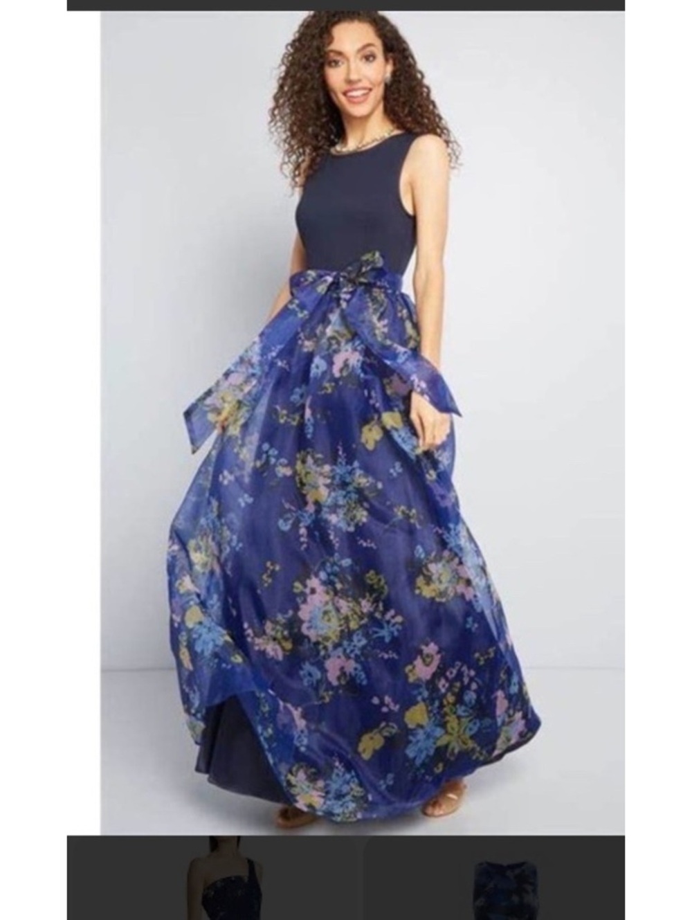 ModCloth Navy Blue Sleeveless Maxi Dress with Floral Organza Overlay and Waist S